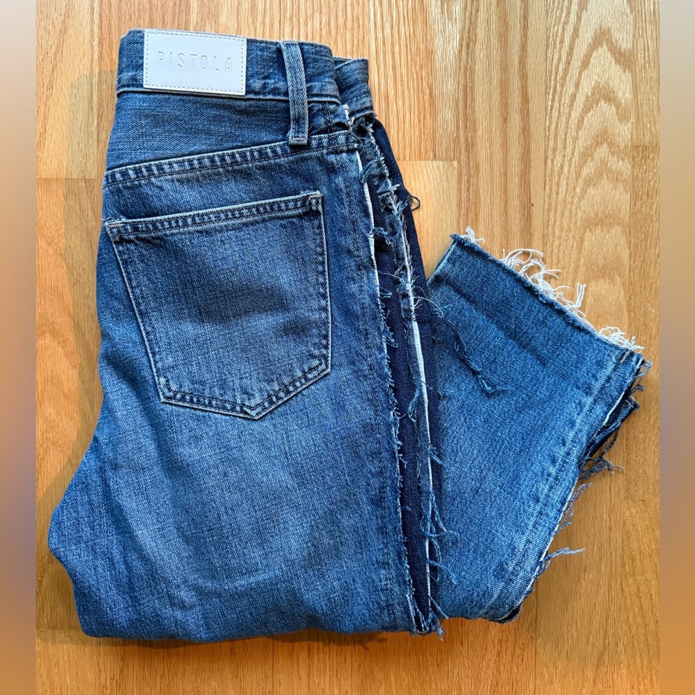Pistola Distressed Straight Leg Jeans 26 Button Fly Raw Hem Side Panel Denim